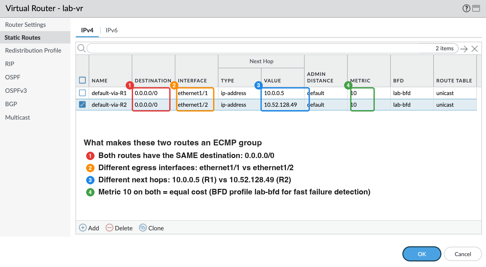 Annotated PAN-OS static route list — two 0.0.0.0/0 routes with equal metric 10 via ethernet1/1 (next hop 10.0.0.5) and ethernet1/2 (next hop 10.52.128.49), both using the lab-bfd BFD profile
